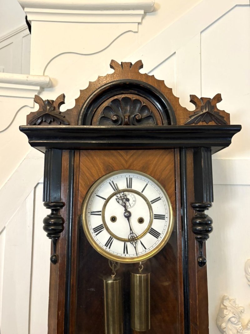 Antique Vienna Walnut Double Weight Wall Clock - Image 9